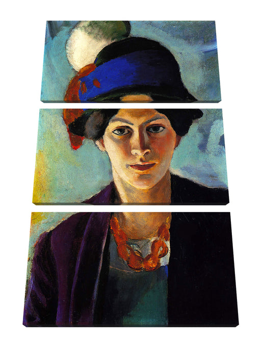 August Macke - Frau des Künstlers mit Hut Leinwanbild 3Teilig