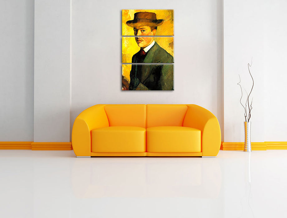 August Macke - Selbstportrait mit Hut  Leinwandbild im Wohnzimmer 3Teilig