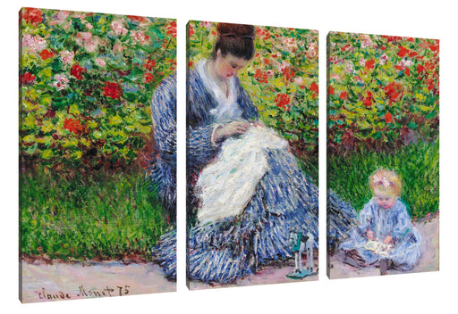 Claude Monet - Camille Monet und ein Kind im Garten des Leinwanbild 3Teilig