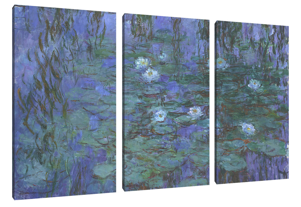 Claude Monet - Seerosen auf blaues Wasser  Leinwanbild 3Teilig