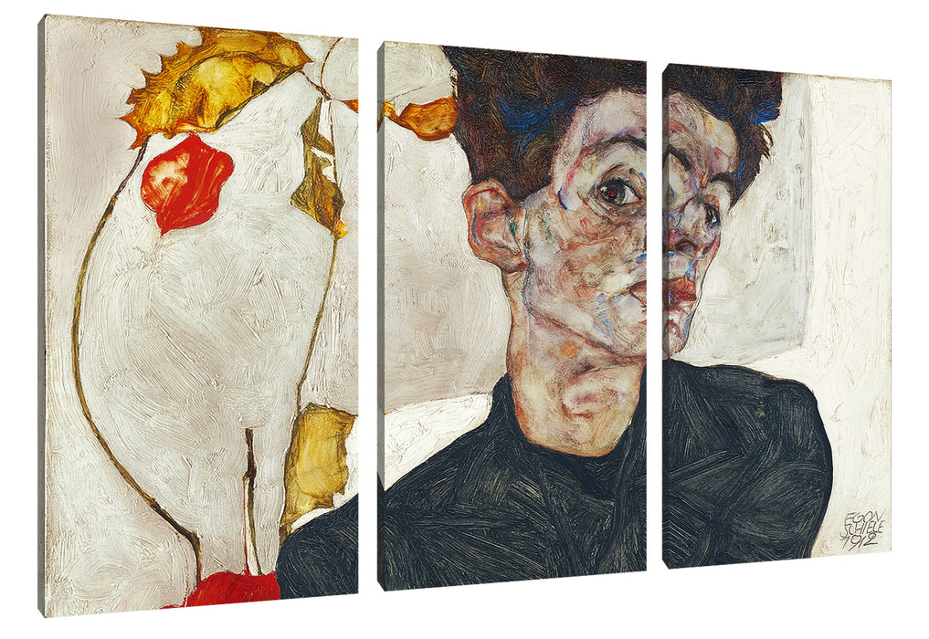 Egon Schiele - Selbstportrait mit Physalis Leinwanbild 3Teilig