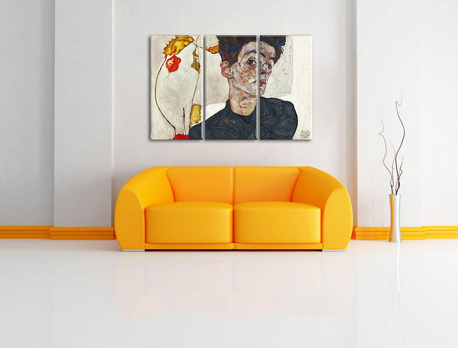 Egon Schiele - Selbstportrait mit Physalis Leinwandbild im Wohnzimmer 3Teilig