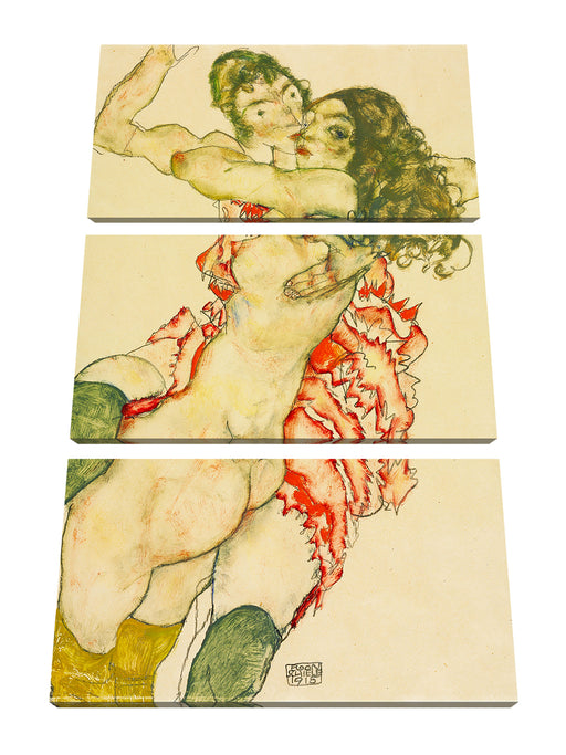 Egon Schiele - Zwei sich umarmende Frauen  Leinwanbild 3Teilig