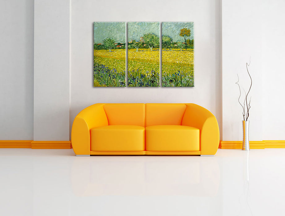 Vincent Van Gogh - Feld mit Blumen in der Nähe von Arle Leinwandbild im Wohnzimmer 3Teilig