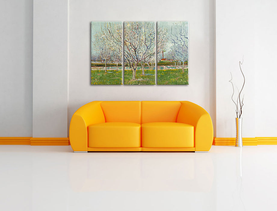 Vincent Van Gogh - Blühender Obstgarten Pflaumenbaum  Leinwandbild im Wohnzimmer 3Teilig