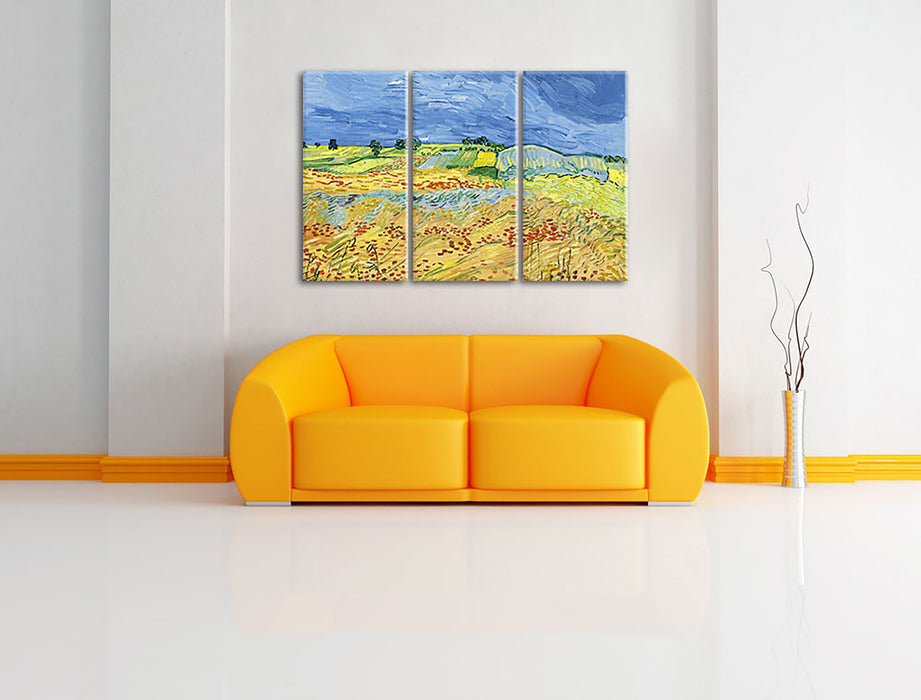 Vincent Van Gogh - Weizenfeld mit stürmischem Himmel  Leinwandbild im Wohnzimmer 3Teilig