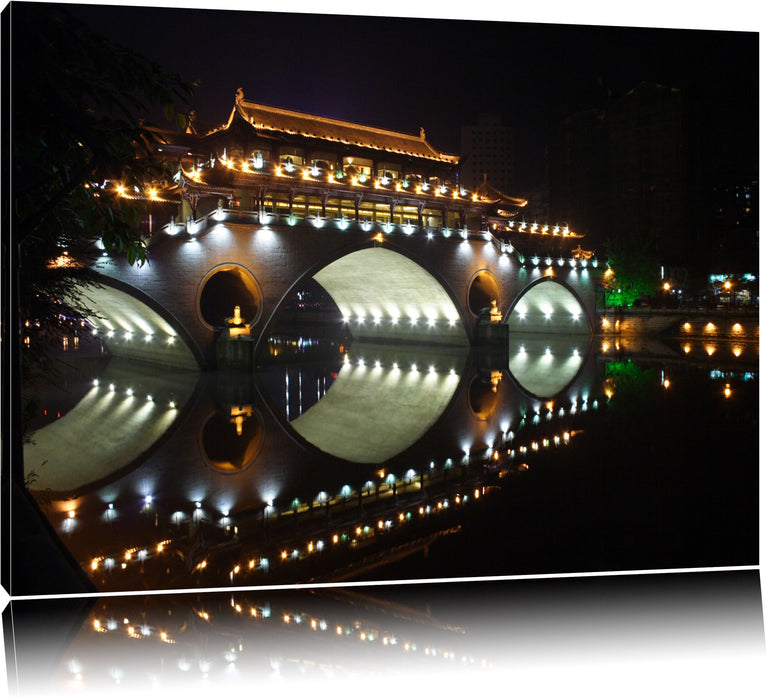 Pixxprint hellerleuchtete chinesische Brücke, Leinwandbild