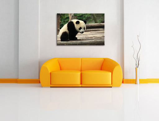 Panda auf Holzstämmen Leinwandbild über Sofa