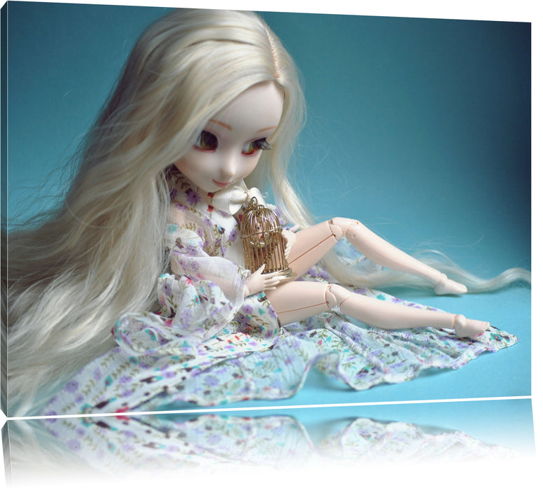 Pixxprint blonde Pullip-Puppe mit Vogelkäfig, Leinwandbild