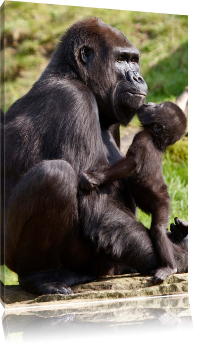 Pixxprint Gorilla-Baby küsst seine Mutter, Leinwandbild