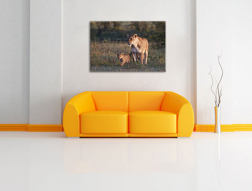 Löwenmutter mit Jungtieren Leinwandbild über Sofa