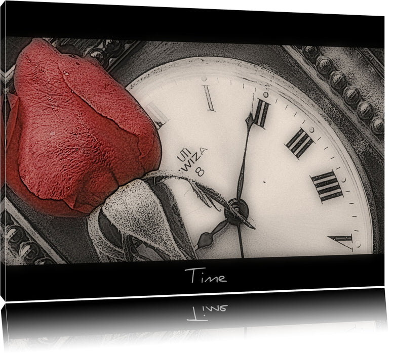 Pixxprint rote Rose auf alter Uhr, Leinwandbild