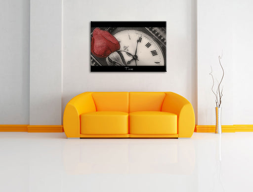 rote Rose auf alter Uhr Leinwandbild über Sofa