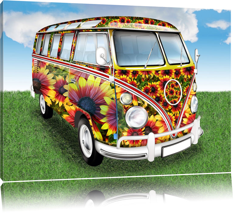 Pixxprint Kult 60´s Flower Power Hippie Bus, Leinwandbild
