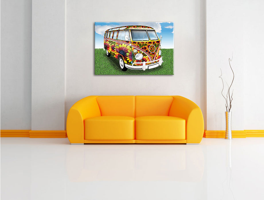 Kult 60Â´s Flower Power Hippie Bus Leinwandbild über Sofa