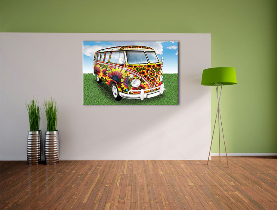 Kult 60Â´s Flower Power Hippie Bus Leinwandbild im Flur
