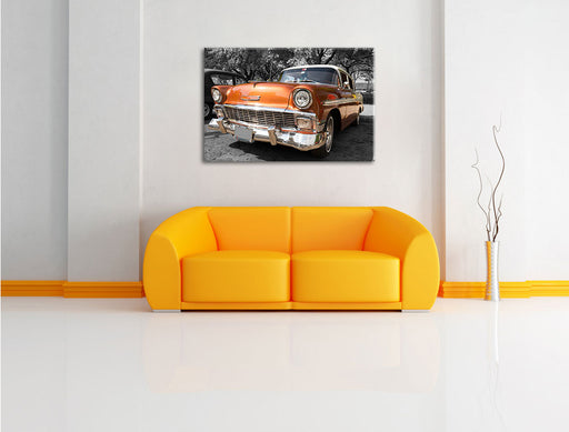 Oranger Kult Oldtimer Leinwandbild über Sofa