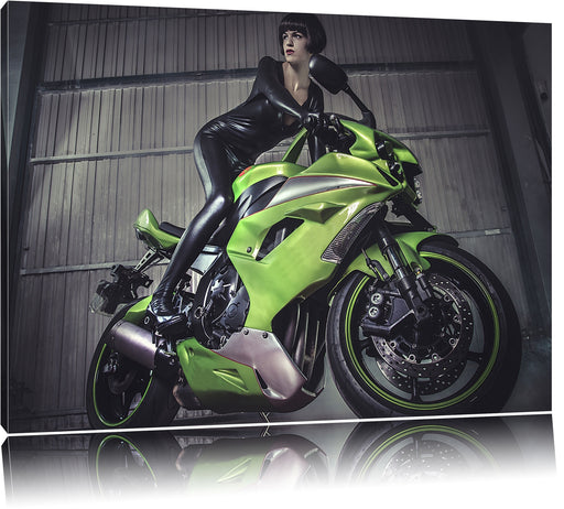 Sexy Neon grünes Bike mit Model Leinwandbild