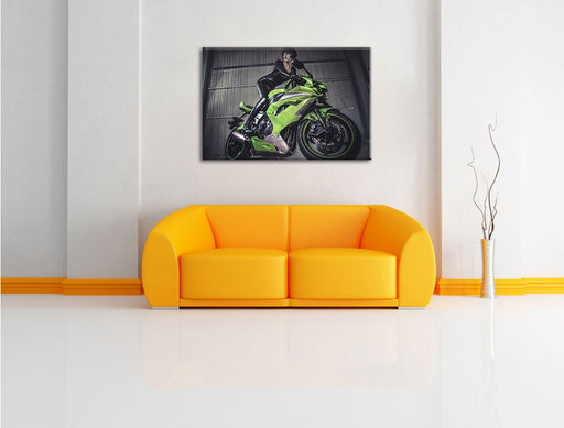 Sexy Neon grünes Bike mit Model Leinwandbild über Sofa