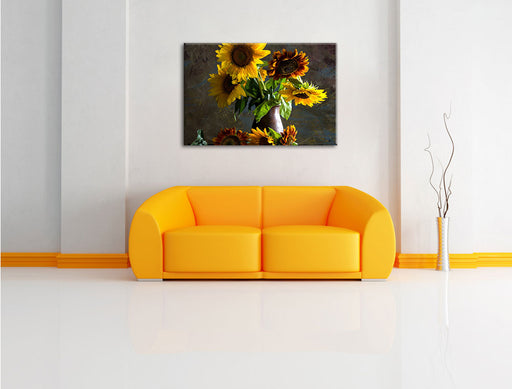 Sonnenblumen in edler Vase Leinwandbild über Sofa