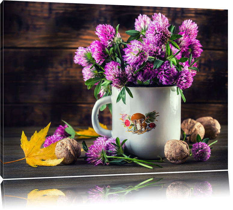 Pixxprint Kleeblüten in Blechtopf, Leinwandbild