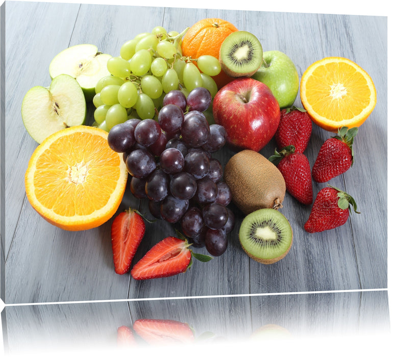 Pixxprint Obstmischung auf Holztisch, Leinwandbild