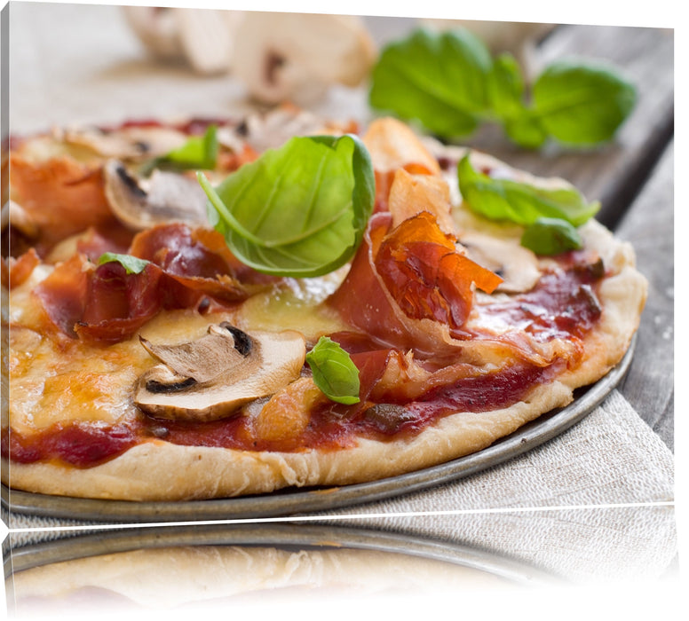 Pizza mit Schinken und Pilzen Leinwandbild