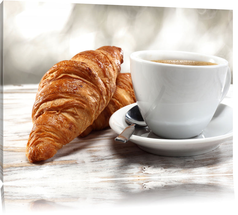 Pixxprint Frisches Croissant und Kaffee, Leinwandbild