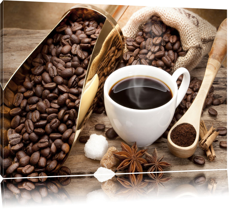 Pixxprint Edler Kaffee und Kaffeebohnen, Leinwandbild