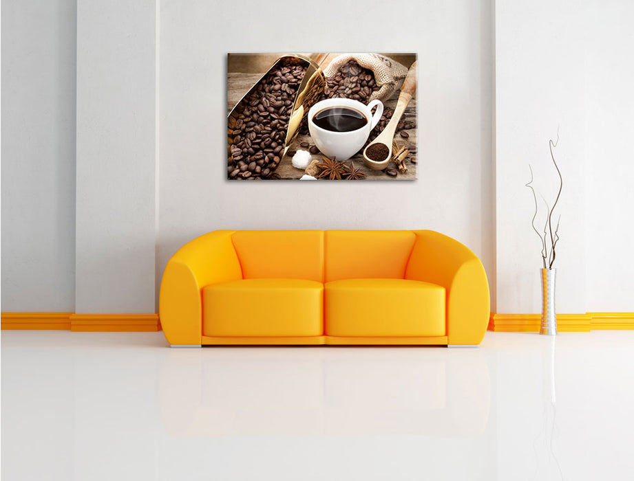 Edler Kaffee und Kaffeebohnen Leinwandbild über Sofa
