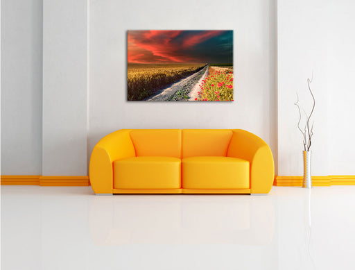 Getreidefeld mit Mohnblüten Leinwandbild über Sofa