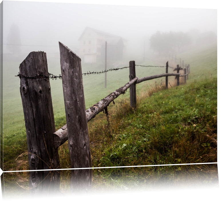 Pixxprint Holzzaun auf Wiese, Leinwandbild