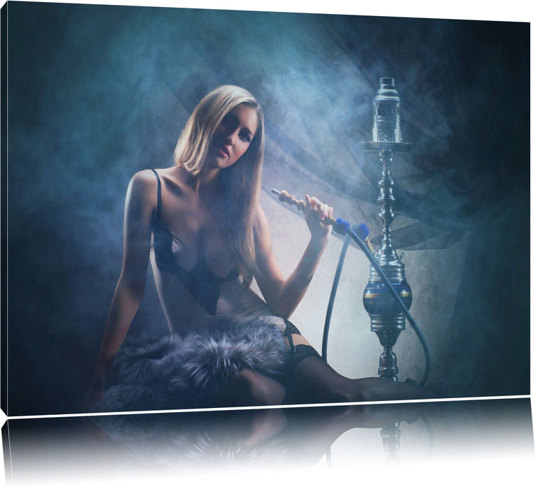 Pixxprint Frau mit Shisha im Nebel, Leinwandbild