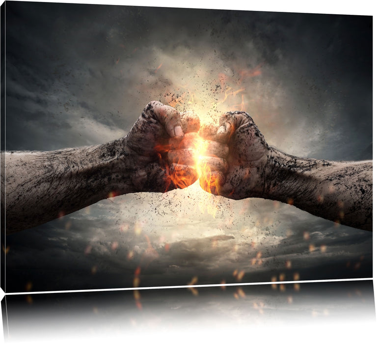 Pixxprint Fäuste treffen sich mit Energie, Leinwandbild