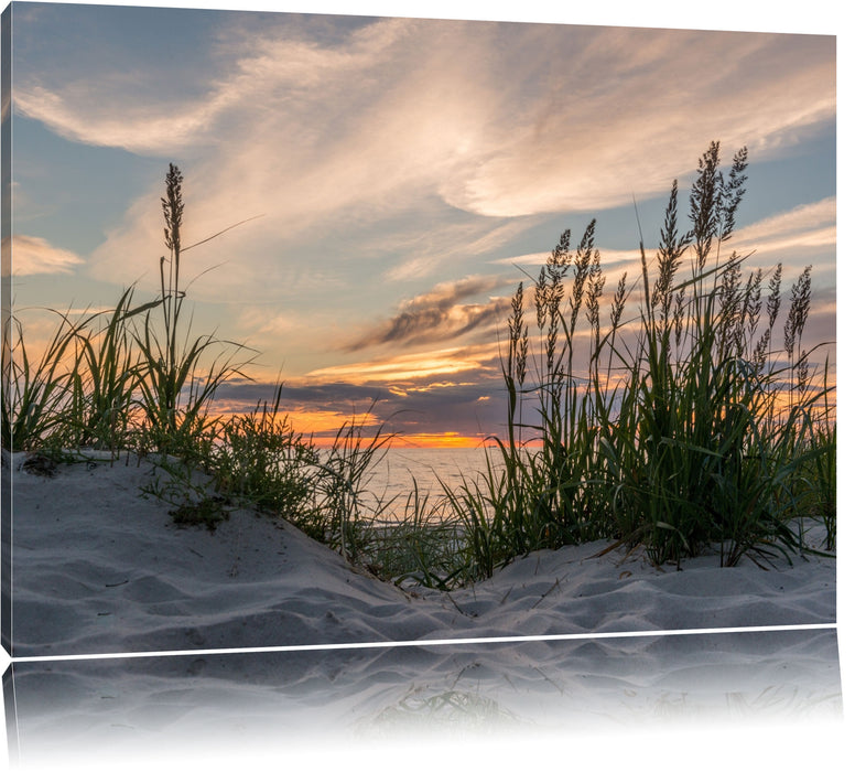 Pixxprint Gras am Strand bei Sonnenuntergang, Leinwandbild