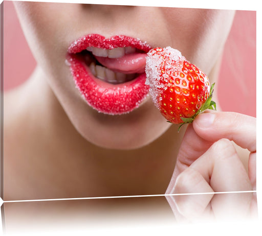 Erdbeere vor Lippen Leinwandbild