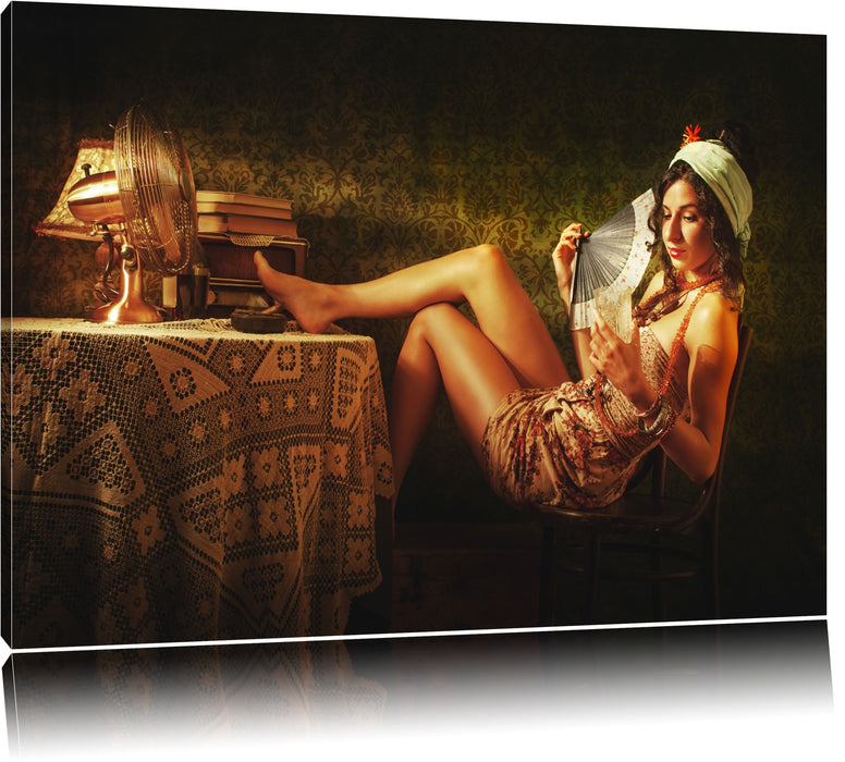 Pixxprint Frau Fächer Drink, Leinwandbild