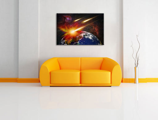 Erde mit Kometeneinschlag Leinwandbild über Sofa