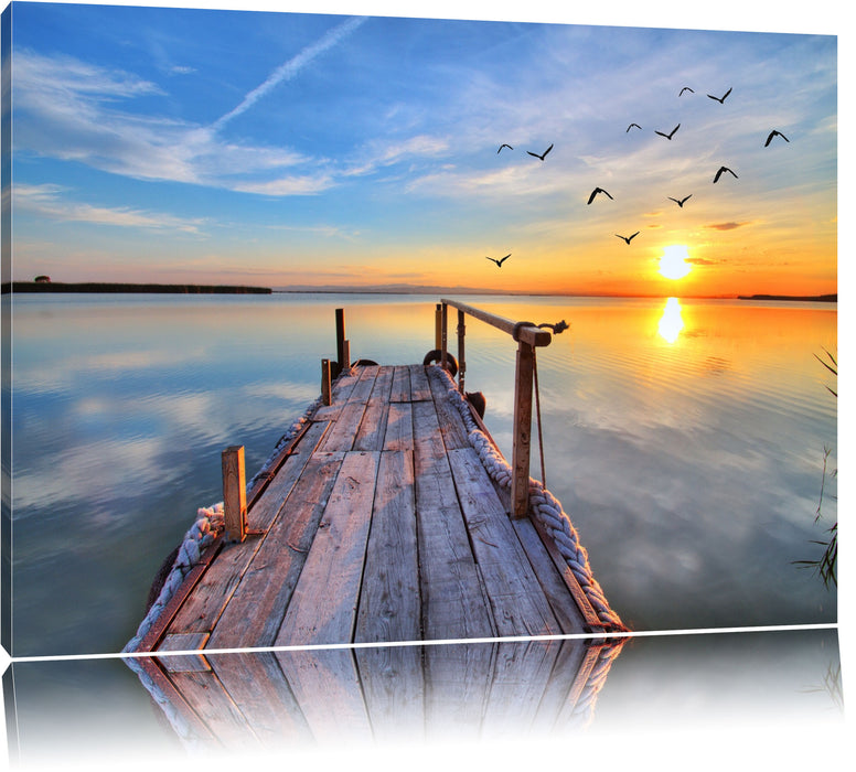Pixxprint Steg mit Möwen bei Sonnenuntergang, Leinwandbild