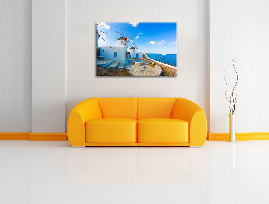 Windmühlen im Mittelmeer Leinwandbild über Sofa