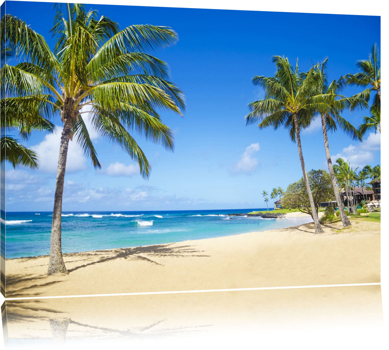 Pixxprint Wunderschöner Strand mit Palmen, Leinwandbild