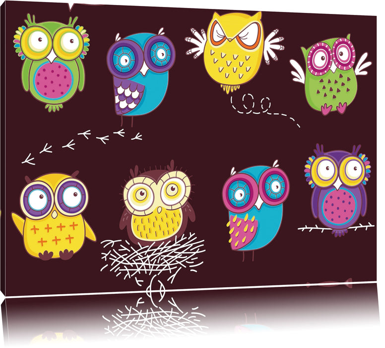 Pixxprint Verrückte Eulen für Kinder, Leinwandbild
