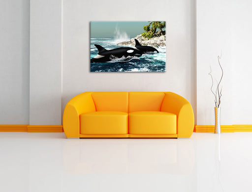 Orcas vor Insel Leinwandbild über Sofa