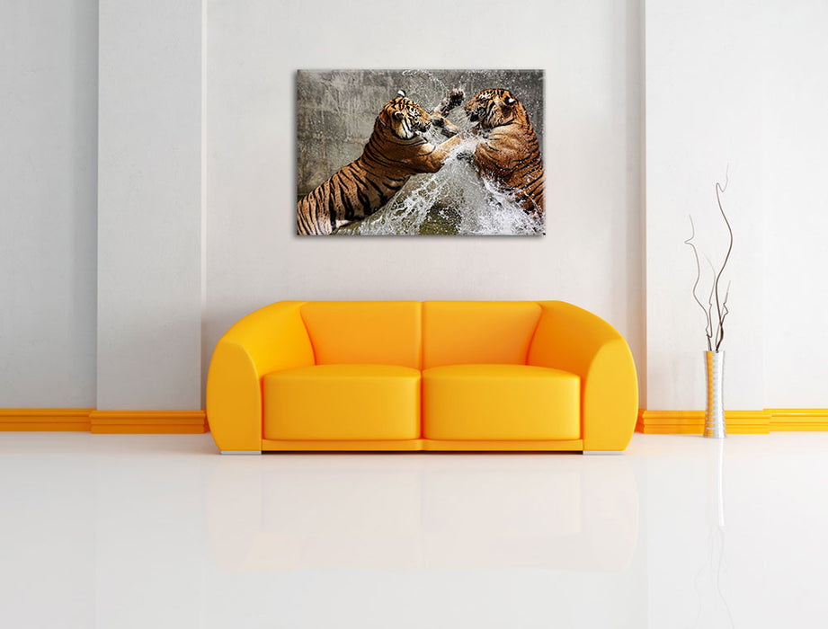 Kämpfende Tiger im Wasser Leinwandbild über Sofa