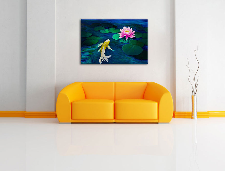 Koi mit Seerose Kunst Leinwandbild über Sofa