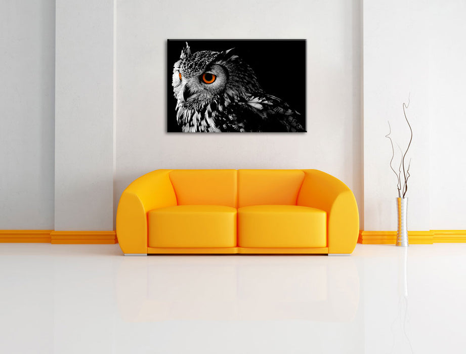Dark Eule mit orangen Augen Leinwandbild über Sofa