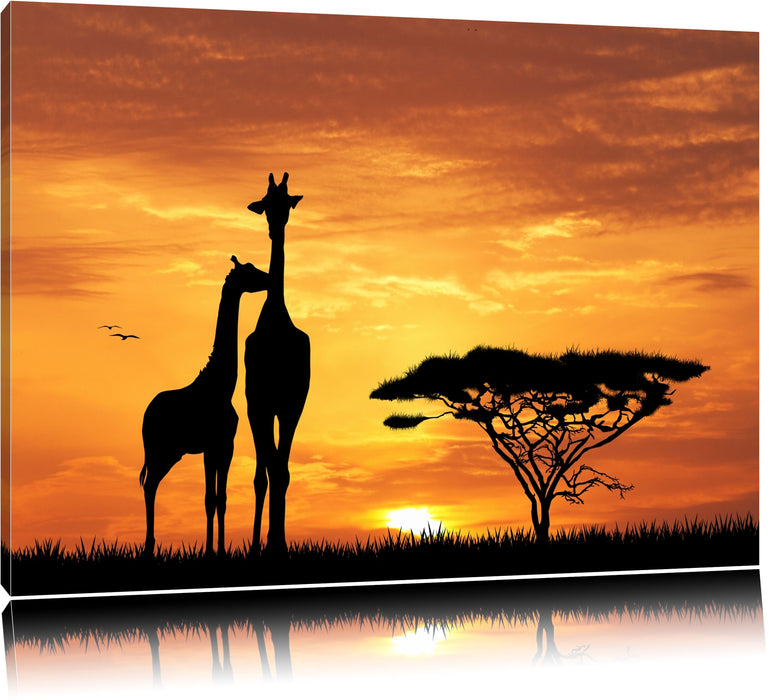 Pixxprint Giraffen im Sonnenuntergang, Leinwandbild