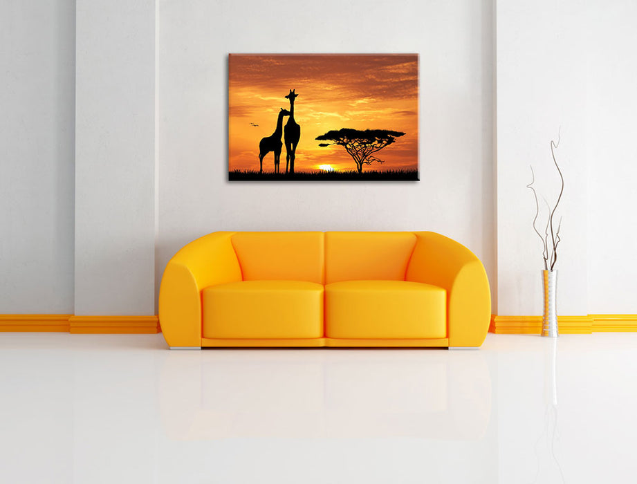 Giraffen im Sonnenuntergang Leinwandbild über Sofa