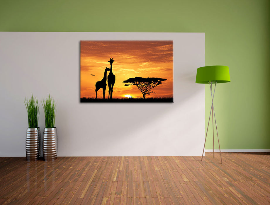 Giraffen im Sonnenuntergang Leinwandbild im Flur