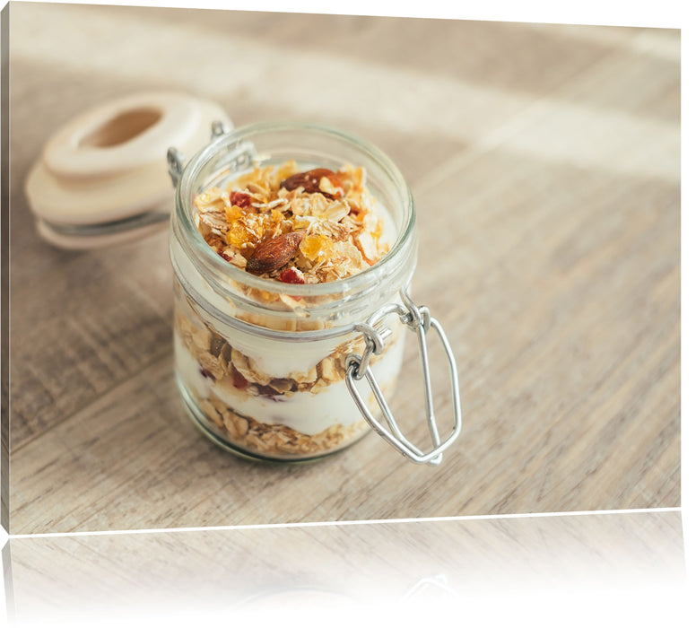 Pixxprint Jogurt Müsli im Glas, Leinwandbild